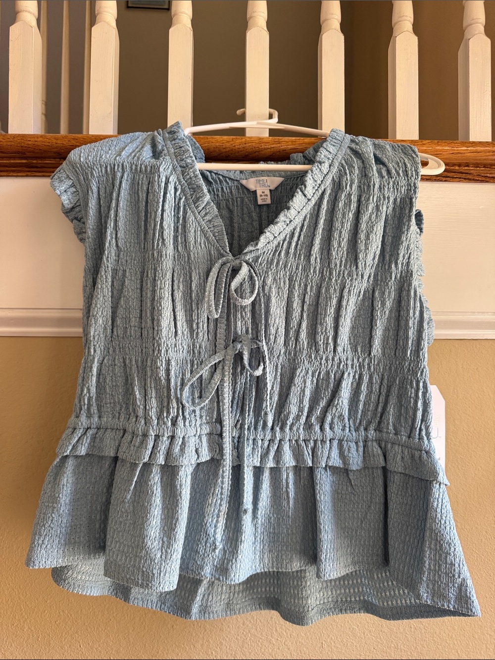 Time and Tru Light Blue Crinkle Tie-Front Peplum Tunic